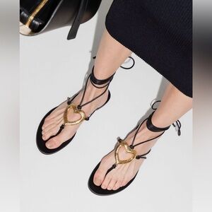 Saint Laurent Black Sandals with Gold Heart Accents